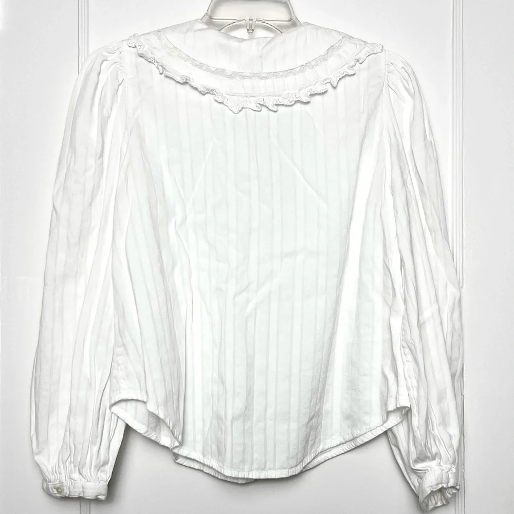 LOVESHACKFANCY Lace Embroidered Oversized Collar Puff Long Sleeve Pintuck Top XS